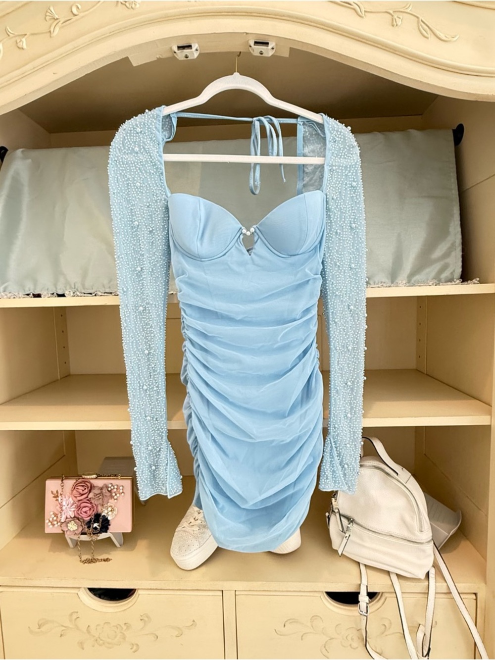 Oh Polly Powder Blue Pearl-Embellished Ruched Mini Dress